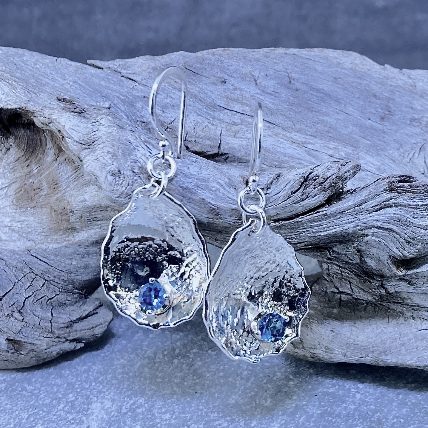 London Blue Topaz Earrings – Waves Teardrop – Argentium Silver - Image 2