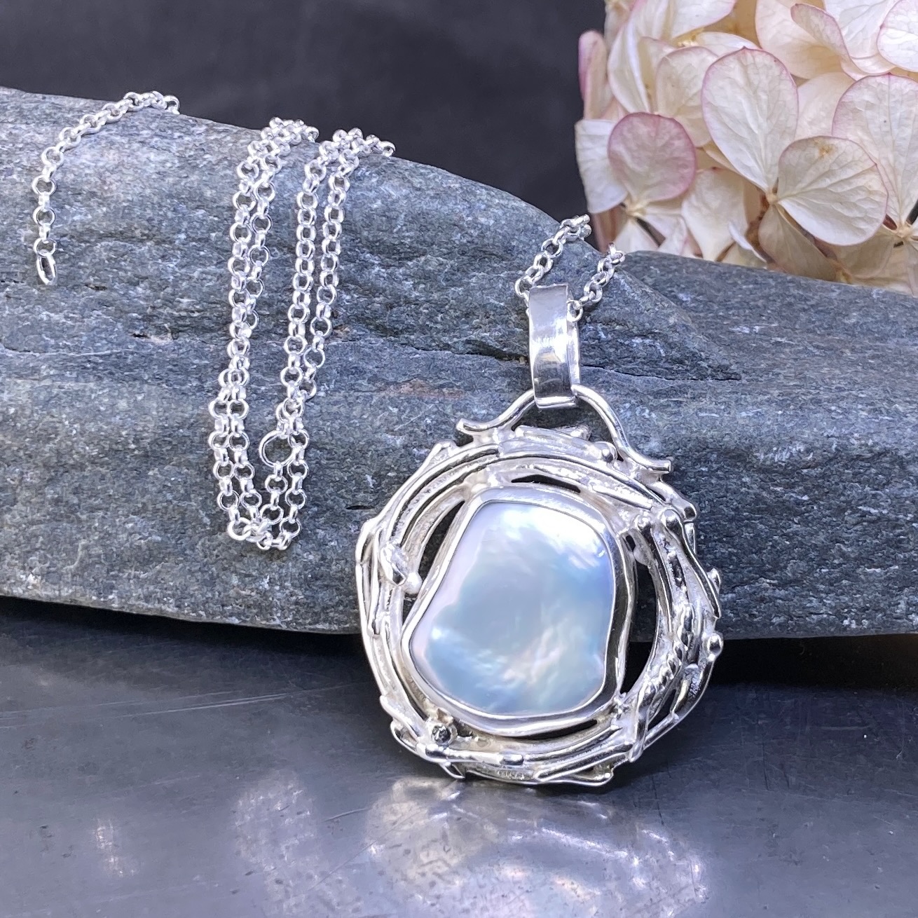 Pearl Pendant – Argentium Silver Twig