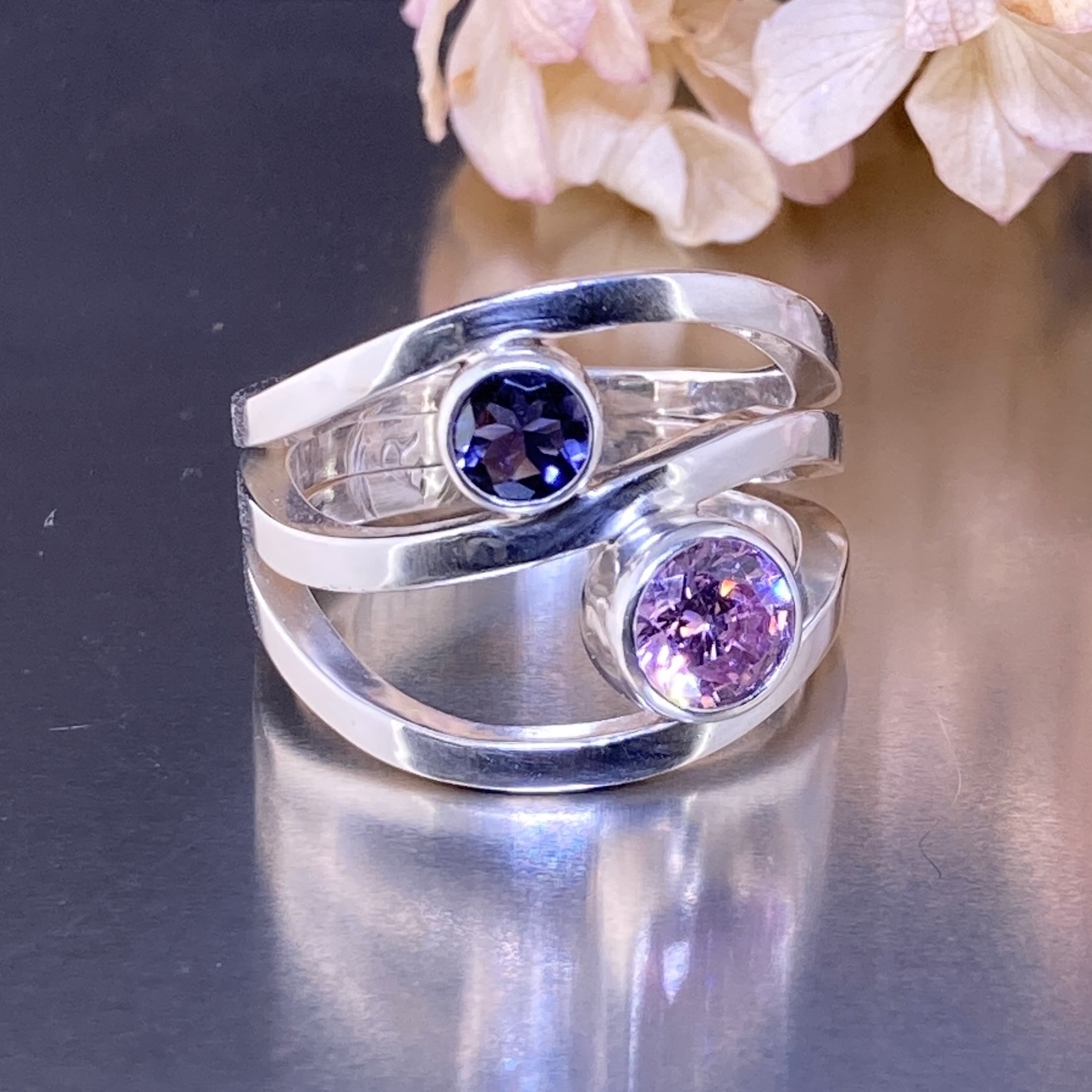 Pink Cubic Zirconia & Iolite Ring – Size 8.25 – Wind Design - Image 3