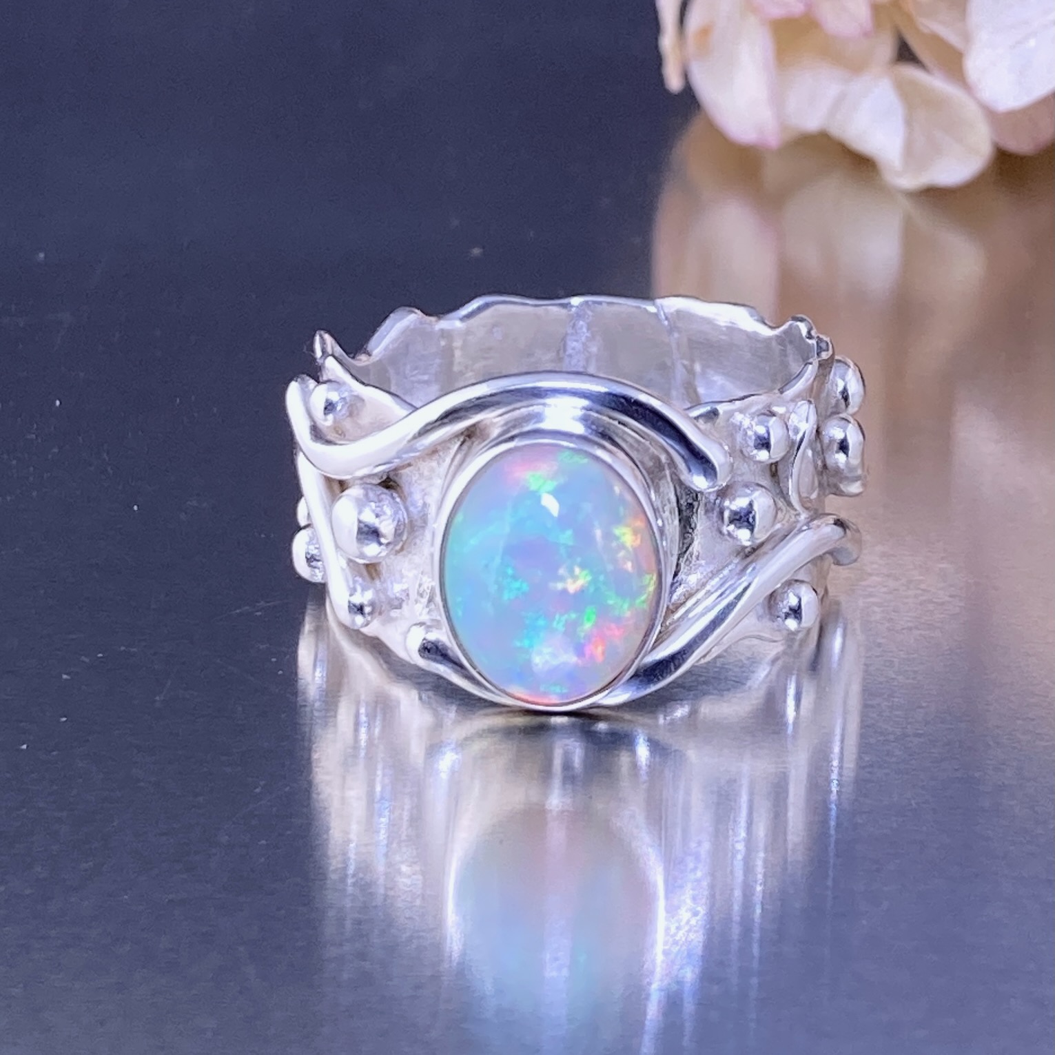 Opal Ring – Size 8 – Argentium Silver Waves – 1.5 Carat - Image 2