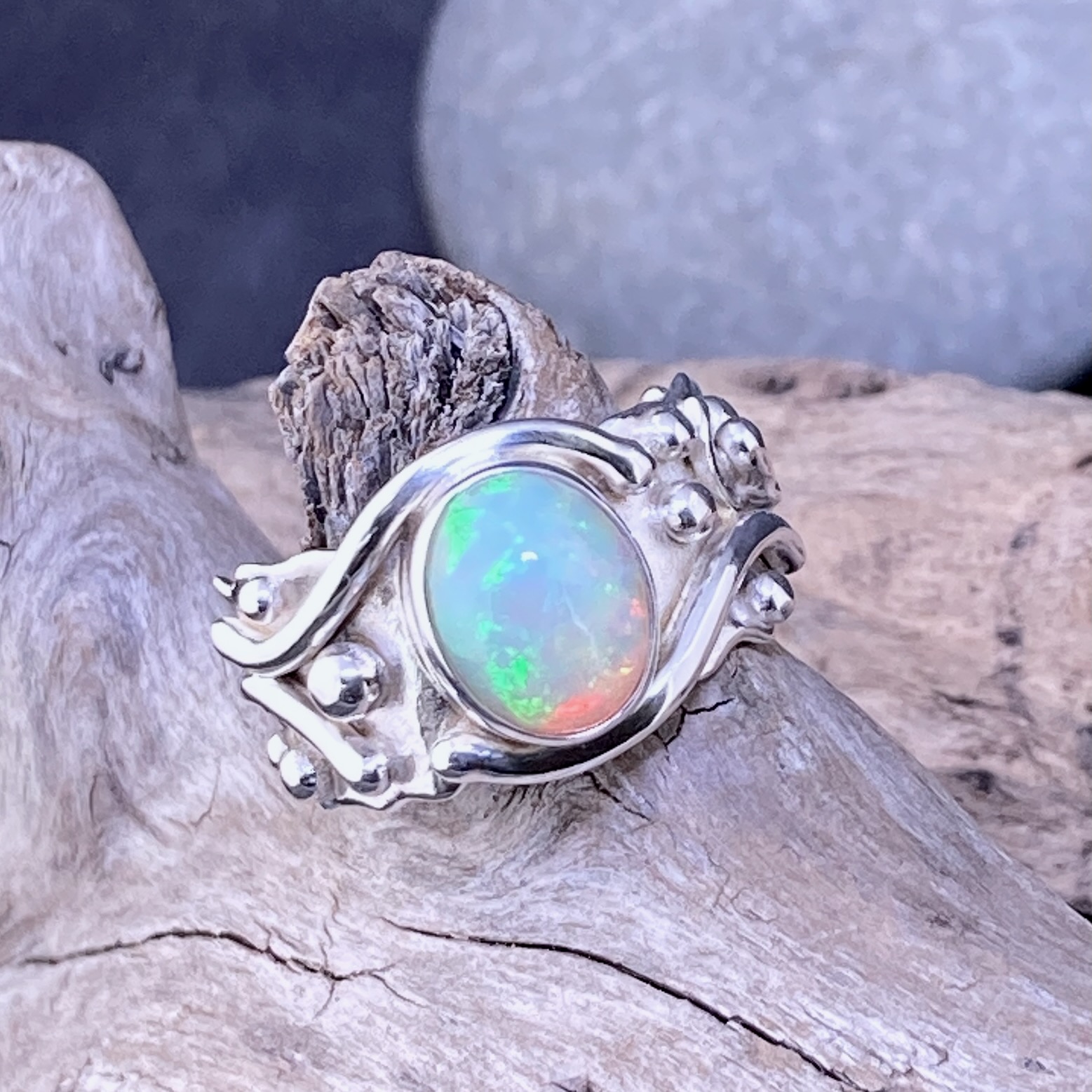 Opal Ring – Size 8 – Argentium Silver Waves – 1.5 Carat - Image 6