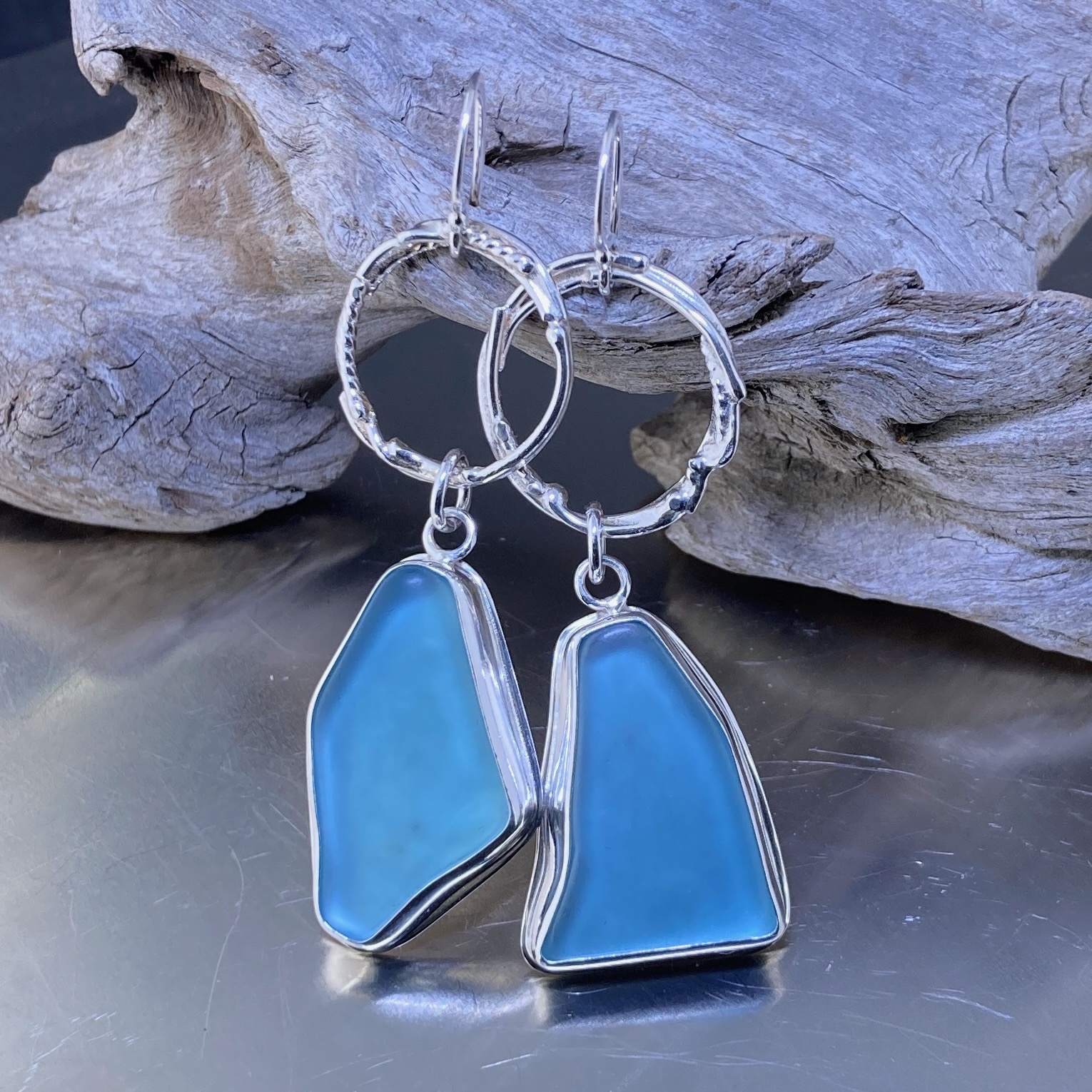 Sea Glass Drop Earrings – Argentium Freeform Circle - Image 3