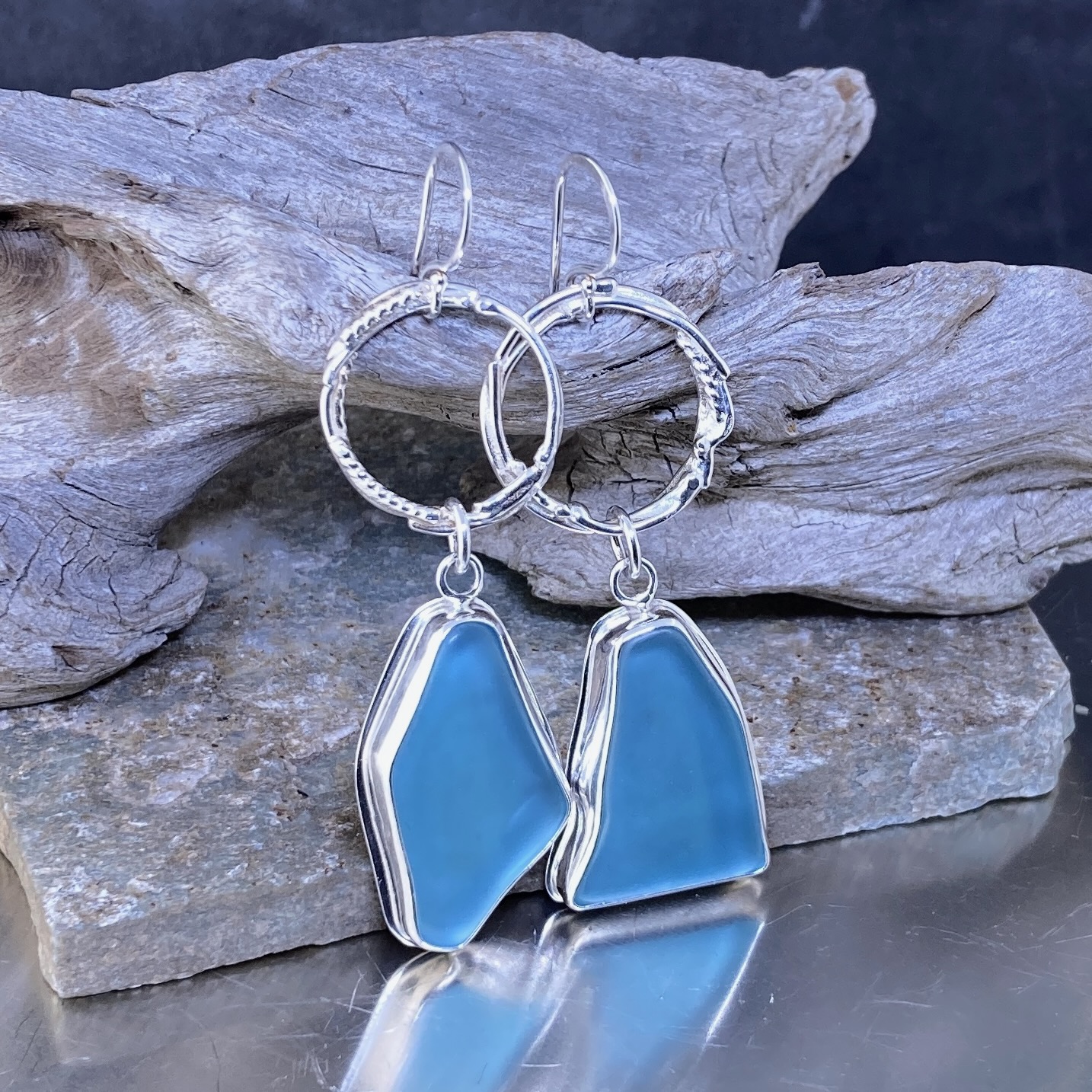 Sea Glass Drop Earrings – Argentium Freeform Circle - Image 6