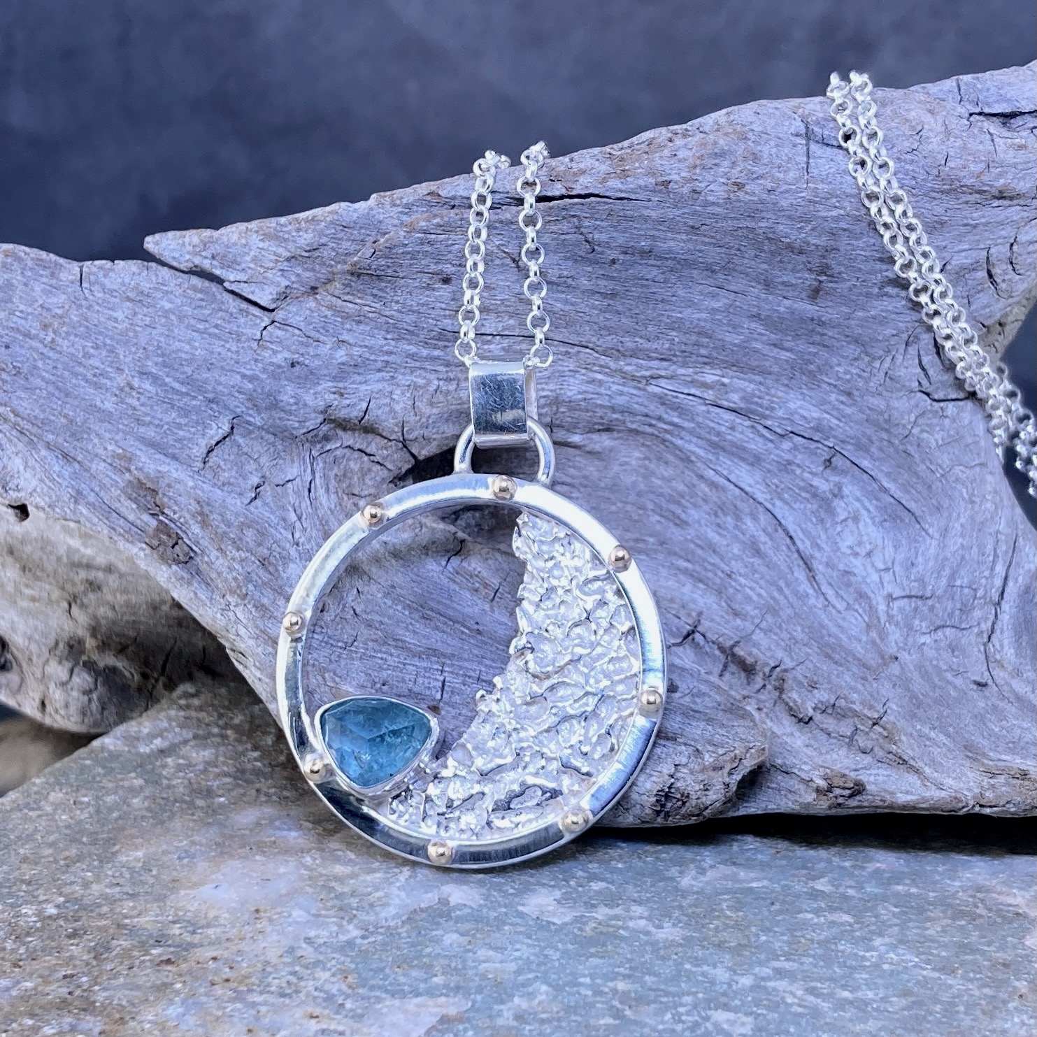 Blue Tourmaline Sun and Moon Pendant – Argentium Silver - 2 Carat - Image 4