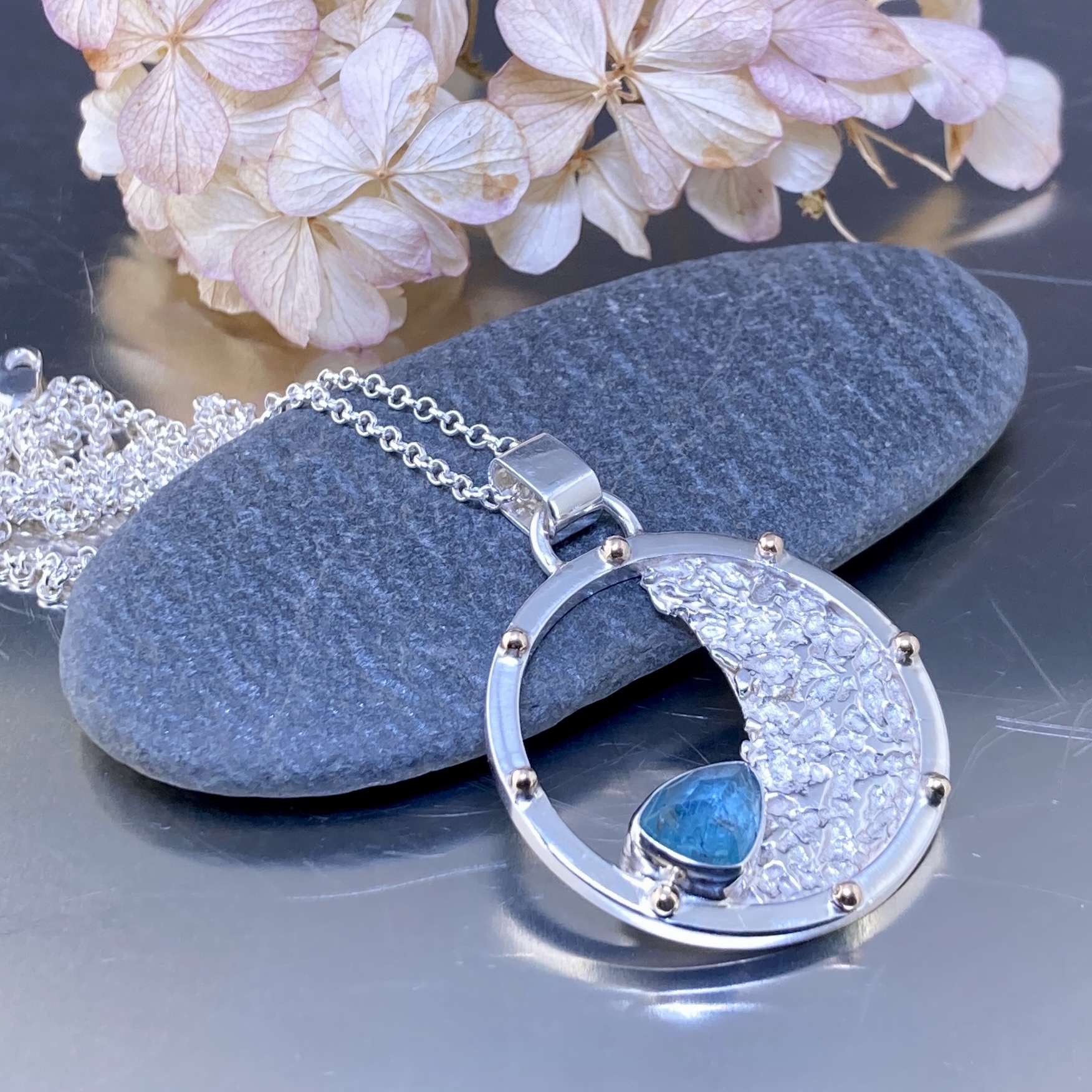 Blue Tourmaline Sun and Moon Pendant – Argentium Silver - 2 Carat