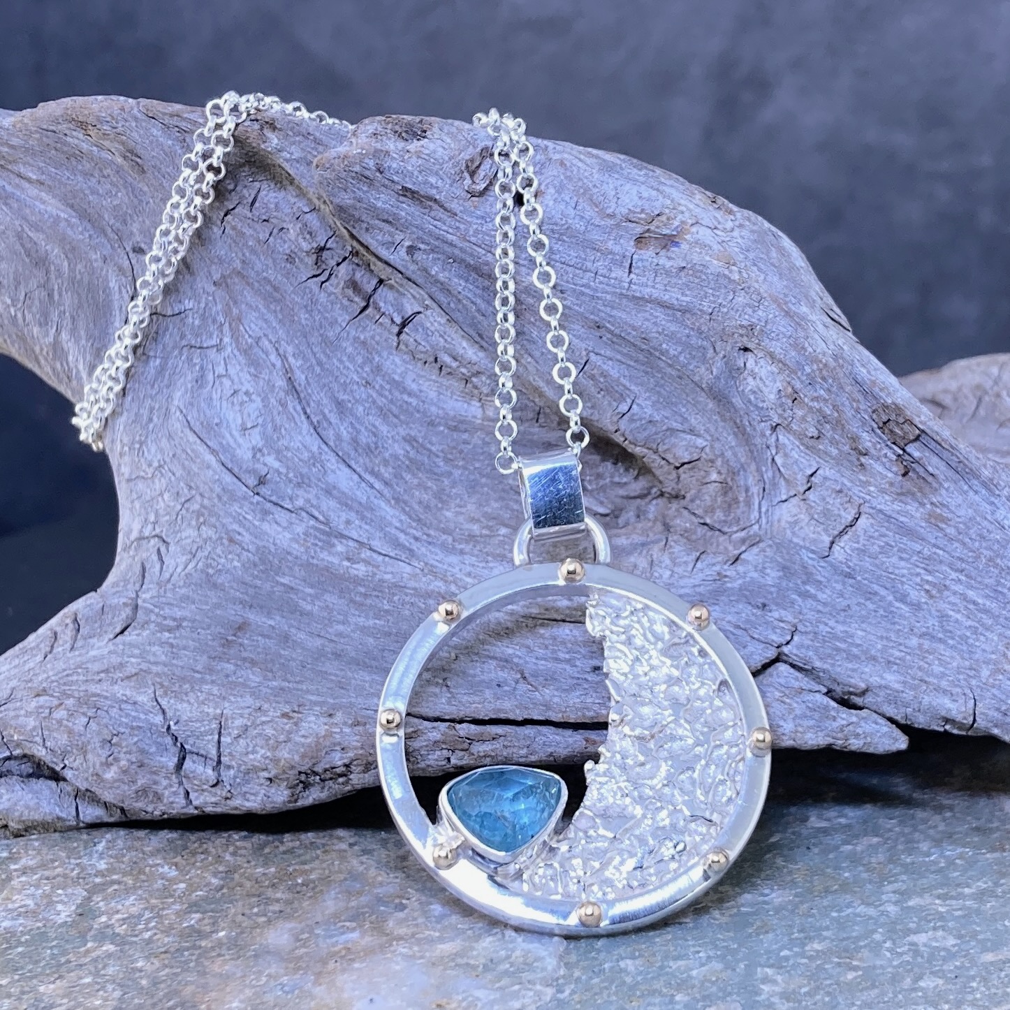 Blue Tourmaline Sun and Moon Pendant – Argentium Silver - 2 Carat - Image 2