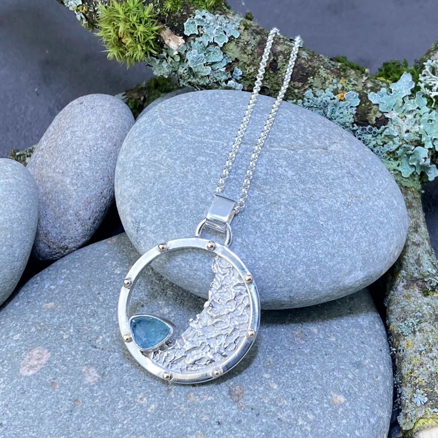 Blue Tourmaline Sun and Moon Pendant – Argentium Silver - 2 Carat - Image 5