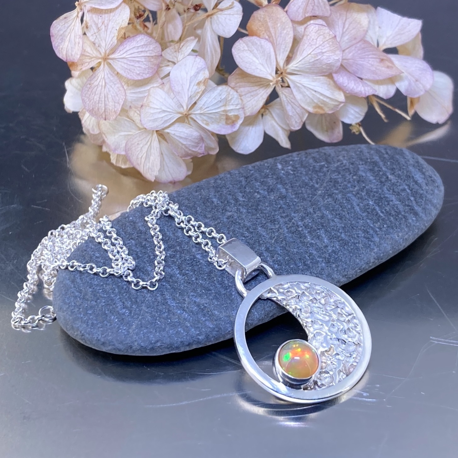 Opal Sun and Moon Pendant – Argentium Silver – 0.5 Carat