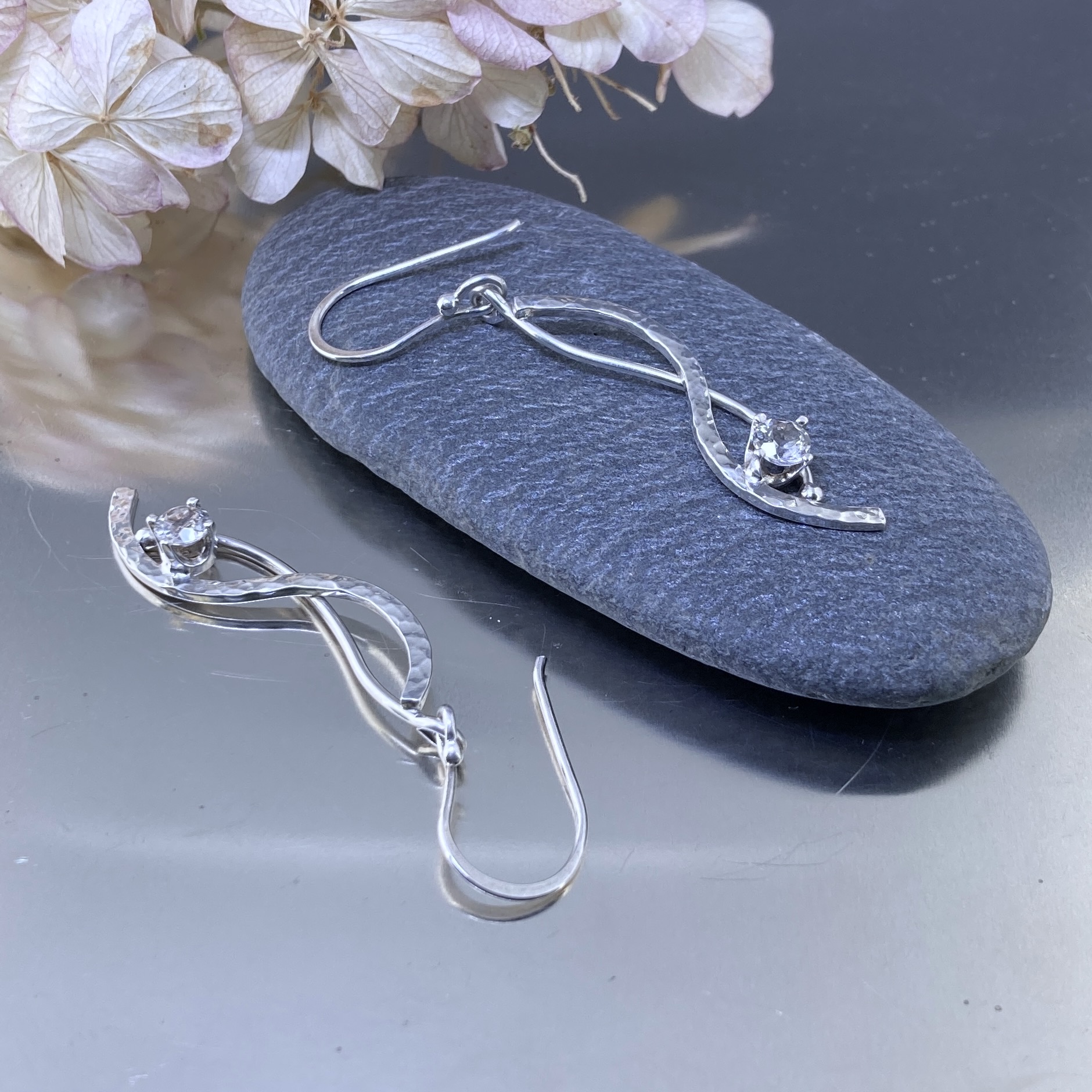 White Topaz Wave Earrings – Argentium Silver – Dangle - Image 6
