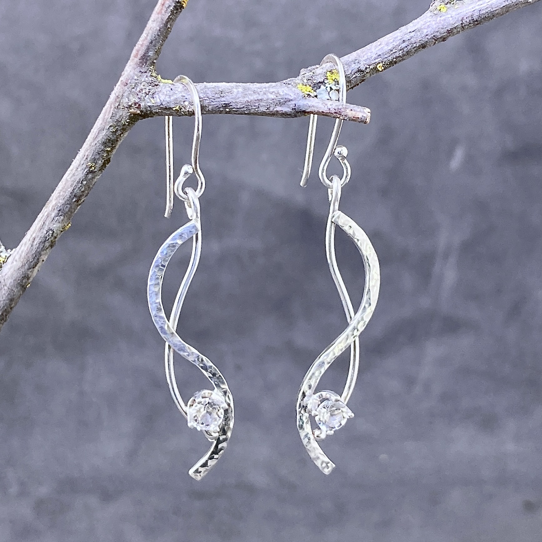 White Topaz Wave Earrings – Argentium Silver – Dangle - Image 5