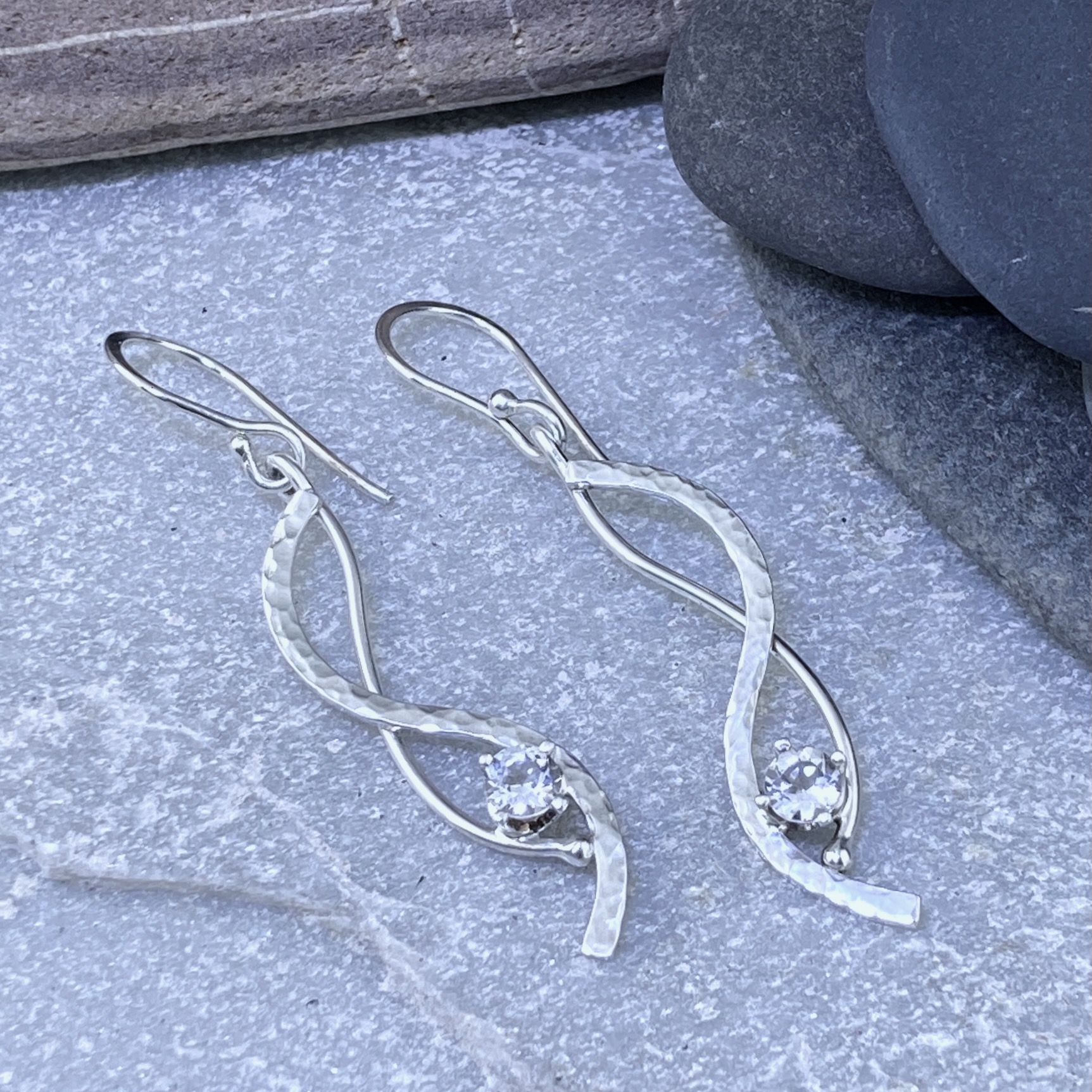 White Topaz Wave Earrings – Argentium Silver – Dangle