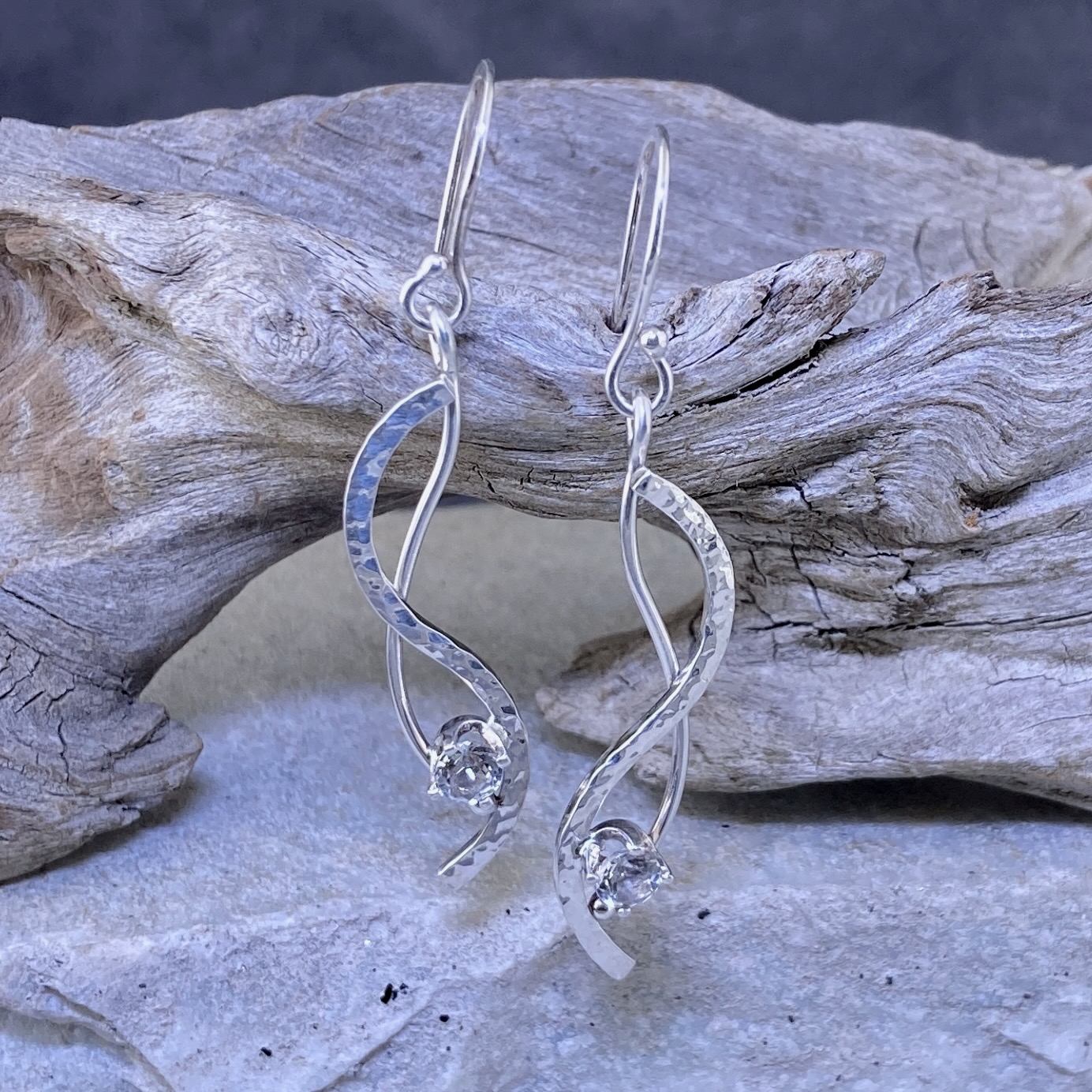 White Topaz Wave Earrings – Argentium Silver – Dangle - Image 3
