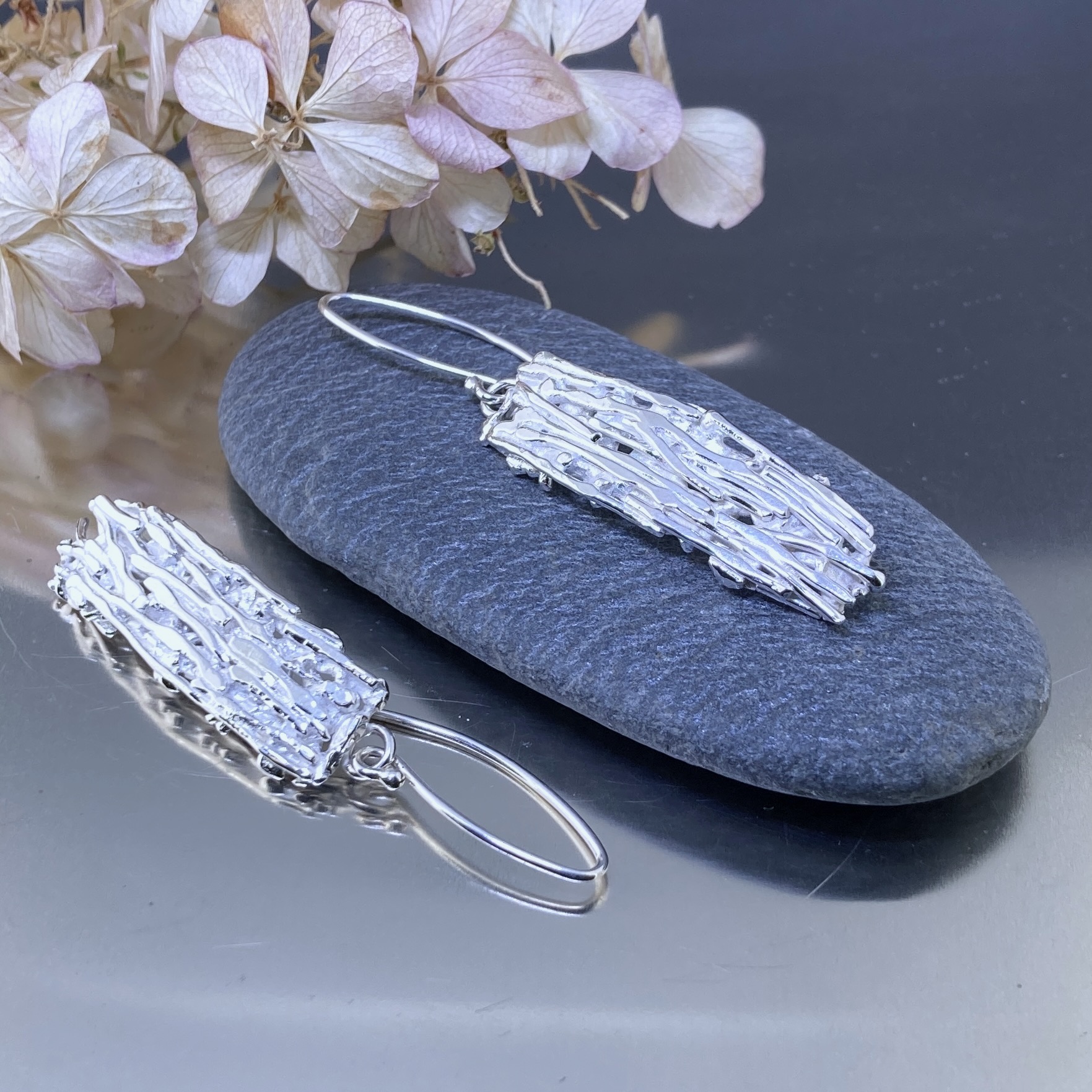 Bark Earrings – Argentium Silver – Long Rectangle - Image 4