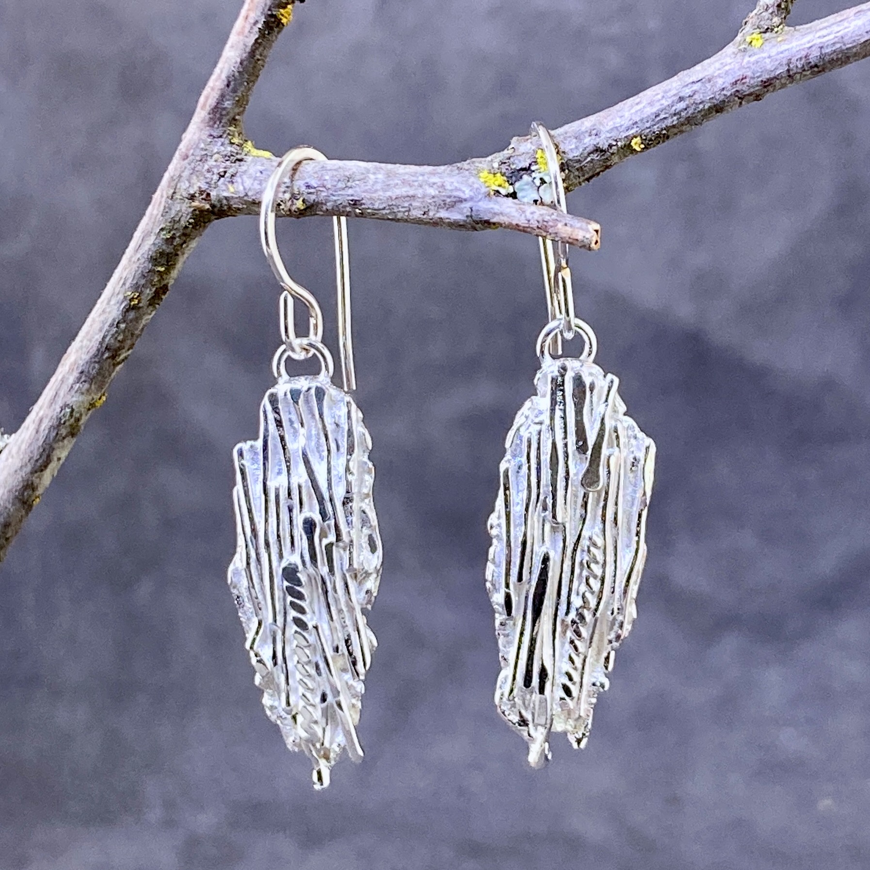 Bark Earrings – Argentium Silver – Marquise Dangle - Image 5
