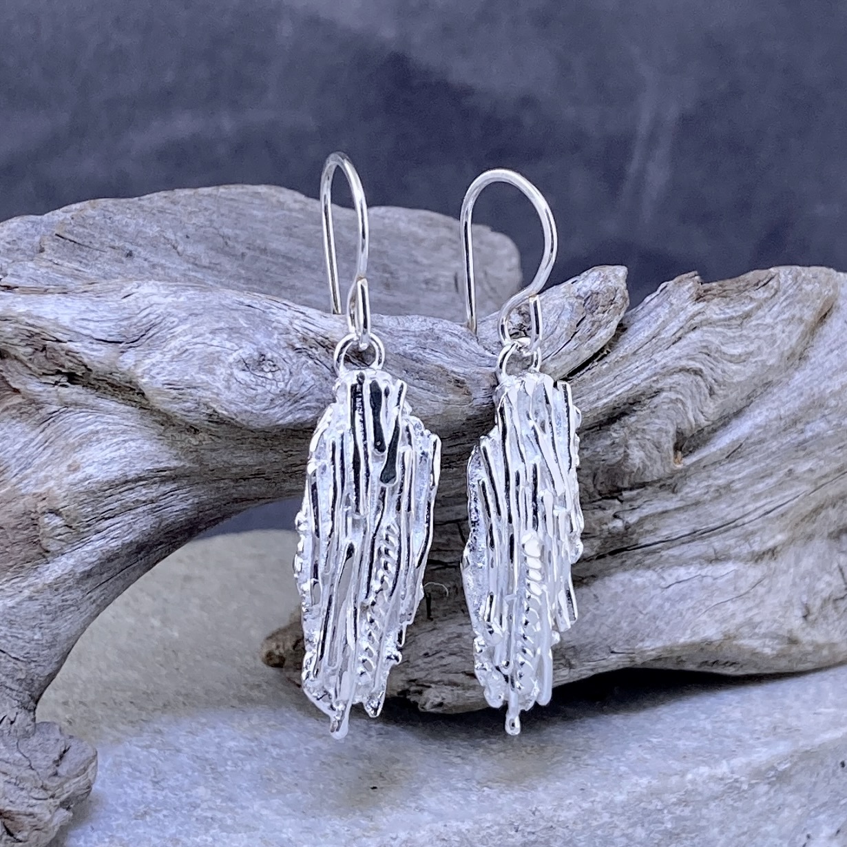 Bark Earrings – Argentium Silver – Marquise Dangle - Image 4