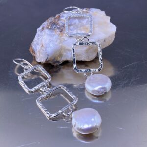 Pearl Earrings – Double Hollow Square – Argentium Silver